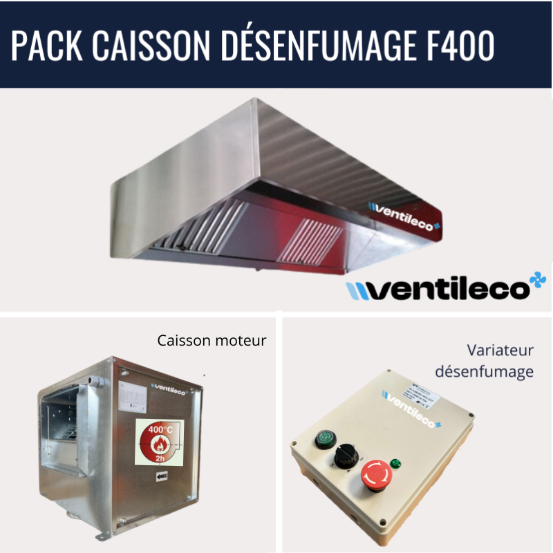 pack hotte inox professionnelle avec caisson moteur déporté désenfumage et variateur coup de poing